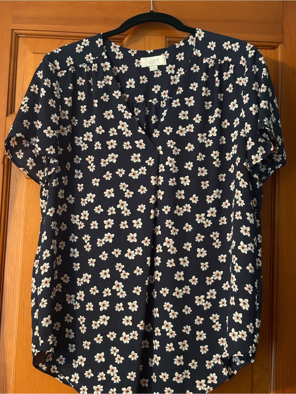 LOFT Navy Floral Short-Sleeve Top with White and Light Pink Blossoms